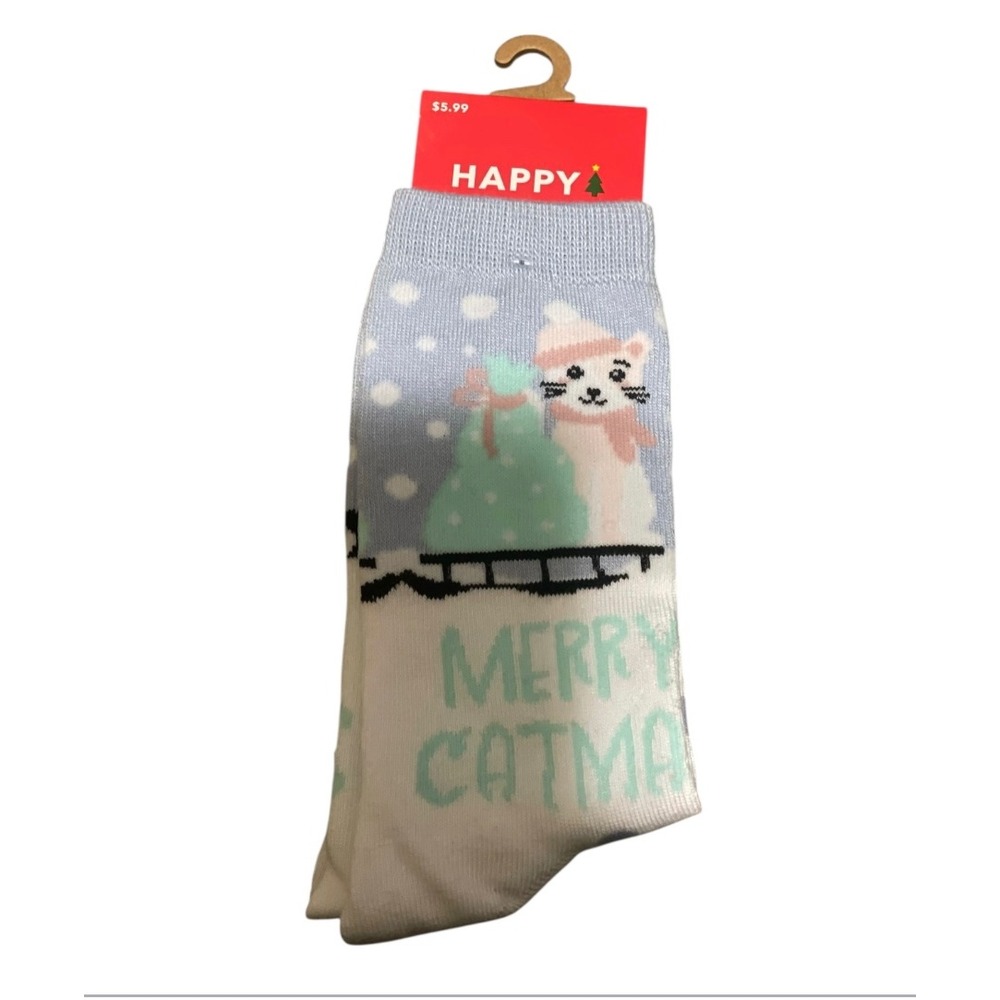Happy Holiday Novelty‎ Socks Womens Cat Merry Catmas Winter Snow Gift